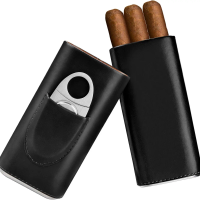 Cedar Wood Lined Cigar Case with Cutter - Travel Humidor for 3 Cigars Up to 6 Inches