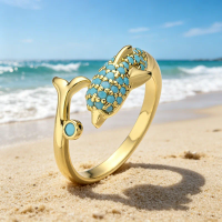 Animal Dolphin Index Finger Rings For Women Gold Silver Color Synthetic Blue Turquoise Female White Zircon Wedding Bands Jewelry