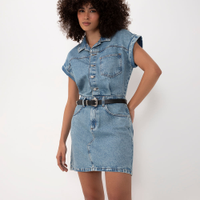 Vestido jeans curto manga curta japonesa azul médio