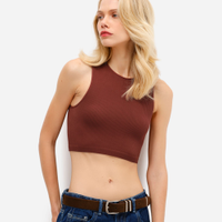 Top cropped feminino halter neck de poliamida marrom