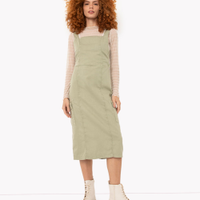 Vestido midi de sarja decote quadrado com fenda e laço verde