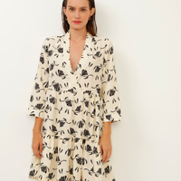 Vestido de viscose decote V floral bege