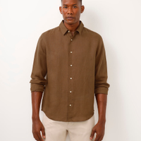 Camisa comfort de linho manga longa bege