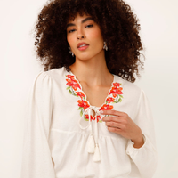 Bata com linho manga longa floral off white