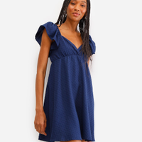 Vestido curto feminino texturizado manga bufante azul