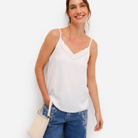 Blusa alça fina de viscose com bordado floral off white