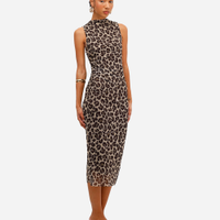 Vestido midi feminino de tule animal print franzido bege