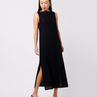 Vestido midi feminino com linho e fendas mindset preto