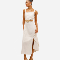 Vestido midi feminino com linho e cinto bege