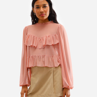 Bata feminina de tule manga bufante com babados rosa