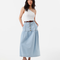 Saia midi feminina jeans com recorte cintura alta - jeans claro