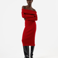 Vestido ombro a ombro feminino de tricot canelado vermelho