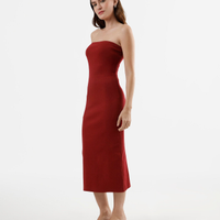 Vestido midi sem alça canelado feminino de algodão vermelho