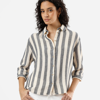 Camisa feminina de algodão manga longa listrada marrom