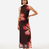 Vestido longo feminino de tule gola alta floral marrom