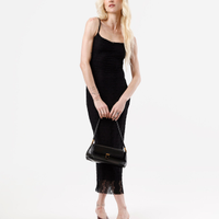 Vestido midi alça fina feminino de renda franzido preto