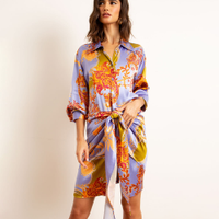 Vestido Chemise Curto de Cetim Estampado Lilac Paisley Manga Longa Lilás