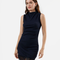 Vestido curto feminino de algodão gola alta com renda franzido azul