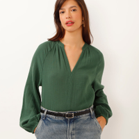 Blusa bata de algodão decote v manga longa verde