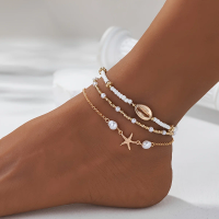 3-piece summer beach style alloy starfish shell stacking bead women's ankle chain