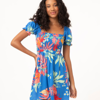 Vestido curto floral manga bufante azul