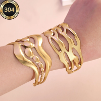 Gold Color Stainless Steel Multilayer Wave Cuff Bangle Bracelets for Women Geometric Modeling Design Aesthetic Jewelry Accessory