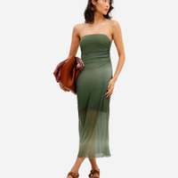 Vestido midi feminino de tule com franzido degradê verde