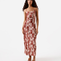 Vestido midi feminino alça fina com linho e recorte estampado vinho