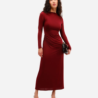 Vestido longo feminino manga longa franzido vinho