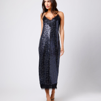 Vestido midi feminino de paetê com renda floral mindset azul