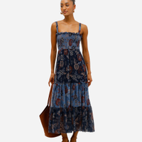 Vestido midi feminino de tule alça fina com recorte floral azul