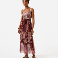 Vestido midi feminino de tule com recortes floral vinho