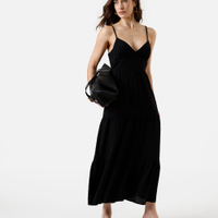 Vestido midi feminino de viscose com recortes texturizado preto