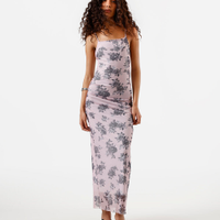 Vestido midi feminino de tule alça fina floral franzido rosa