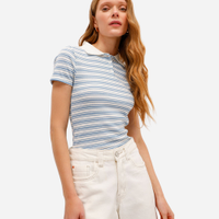 Polo feminina canelada listrada manga curta off white