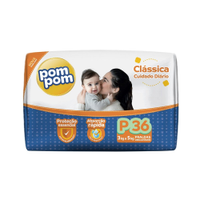 Fralda Descartável PomPom Clássica Econômica Tamanho P - 8 Pacotes com 36 Fraldas - Total 288 Tiras