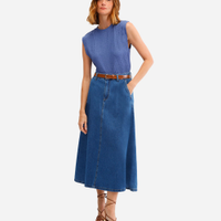 Saia midi feminina jeans com cinto azul