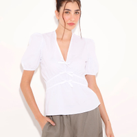 Blusa de algodão manga bufante com amarração mindset branca