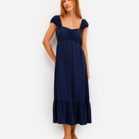 Vestido midi feminino de viscose decote coração com recorte azul