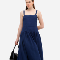 Vestido midi feminino de viscose decote quadrado azul