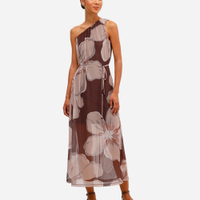 Vestido ombro único feminino de tule floral marrom