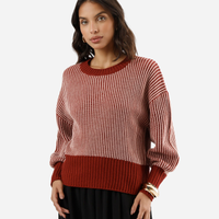 Suéter feminino de tricot manga bufante listrado vinho