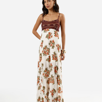 Vestido longo alça fina feminino de viscose com lurex floral bege
