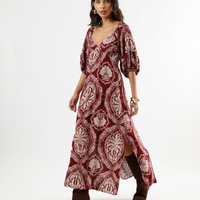 Vestido midi de viscose manga bufante arabescos vinho
