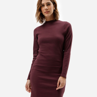 Vestido curto feminino de algodão manga longa canelado vinho