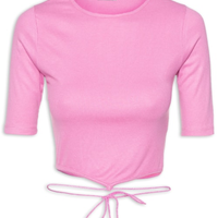 Blusa Cropped Manga Curta Malha Canelada Galão Cintura - Rosa