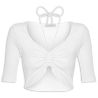 Blusa Manga Curta Malha Canelada Neckline - Off White