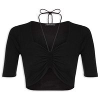 Blusa Manga Curta Malha Canelada Neckline - Preto