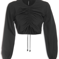Blusa Feminina De Tricoline Cropped Franzida - Preto