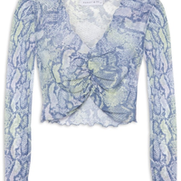 Blusa Cropped Manga Longa Tule - Azul